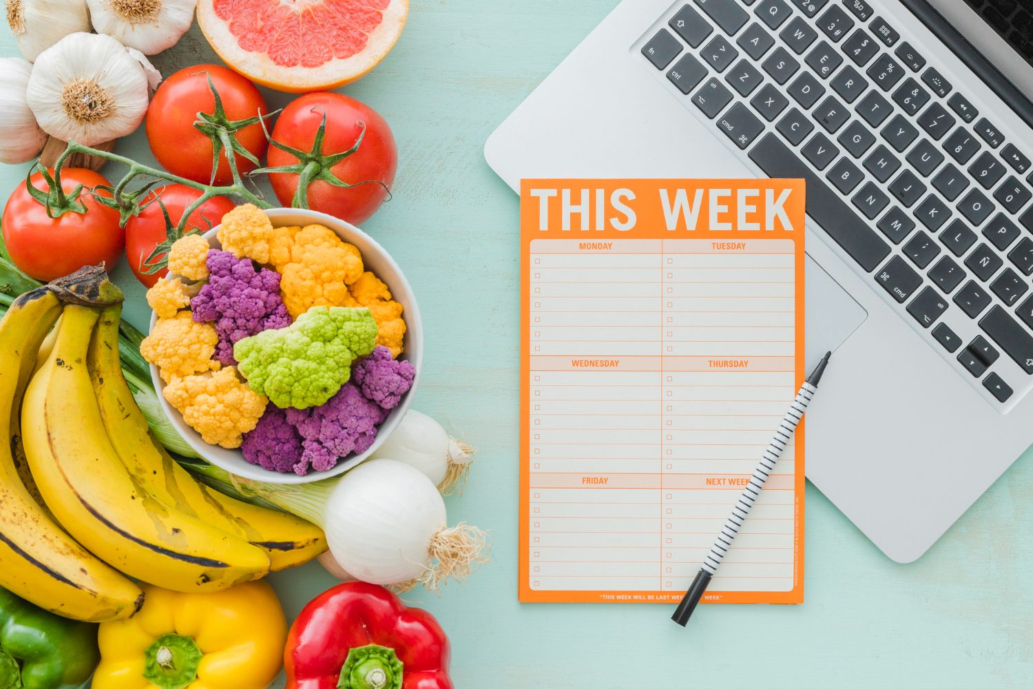 Diet week plan and healthy vegetables on background Diet week plan and healthy vegetables on background